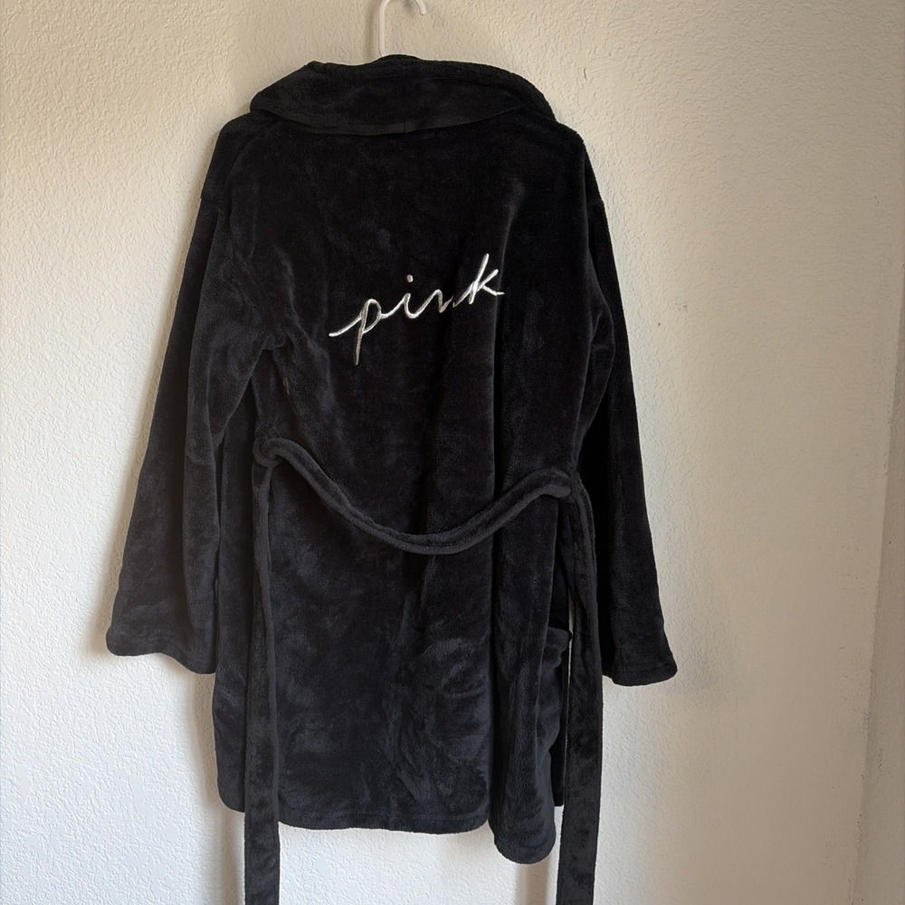 Victorias Secret Pink Fleece Soft Cozy Black Sleepwear Bathrobe XS